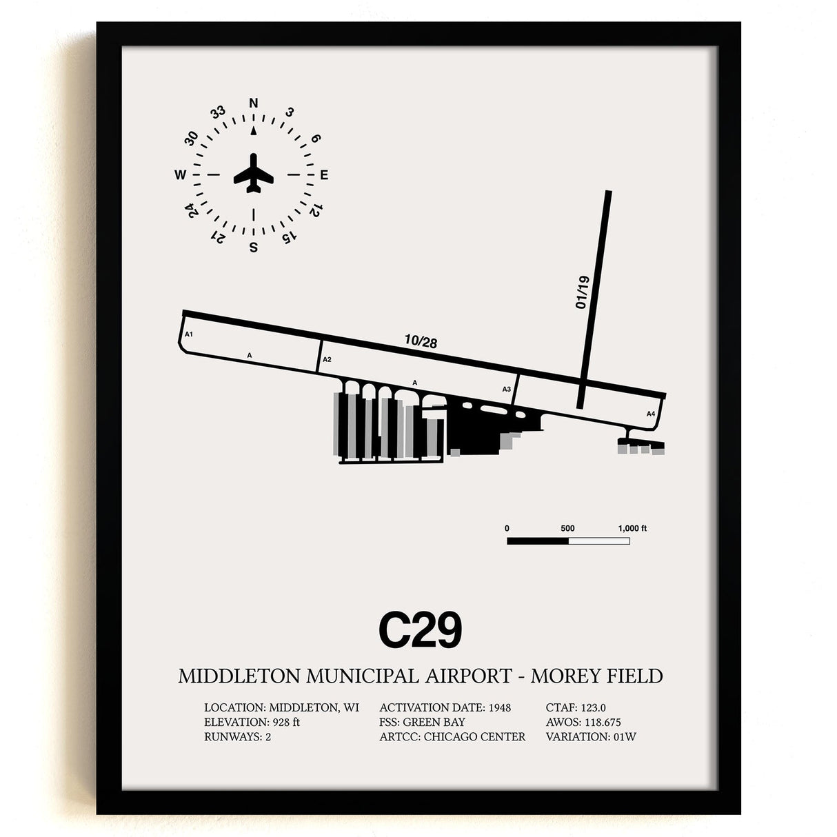 Framed Detailed Airport Map of Middleton Municipal Airport - Morey Field (C29) in White with a Black Frame