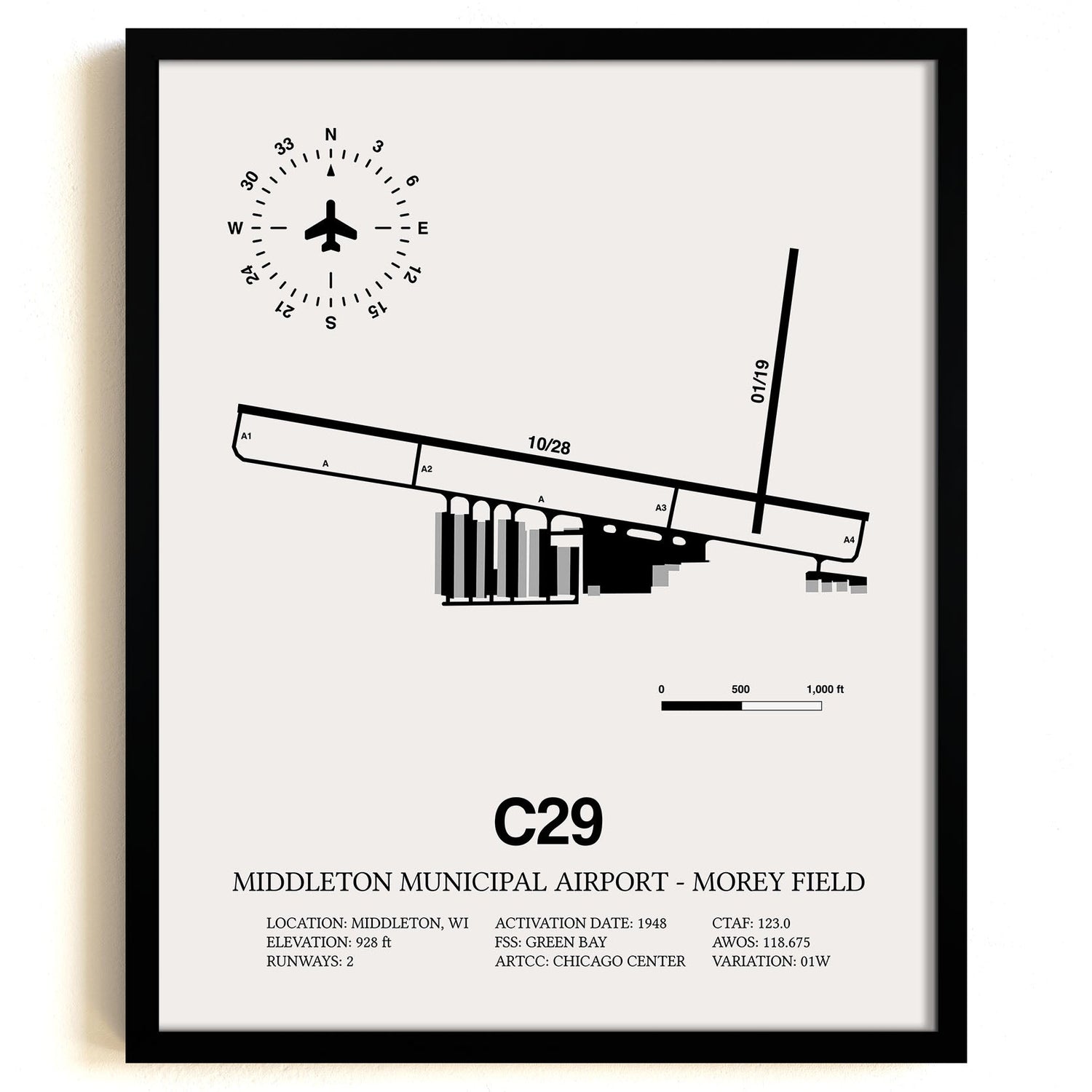 Framed Detailed Airport Map of Middleton Municipal Airport - Morey Field (C29) in White with a Black Frame