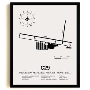 Framed Detailed Airport Map of Middleton Municipal Airport - Morey Field (C29) in White with a Black Frame