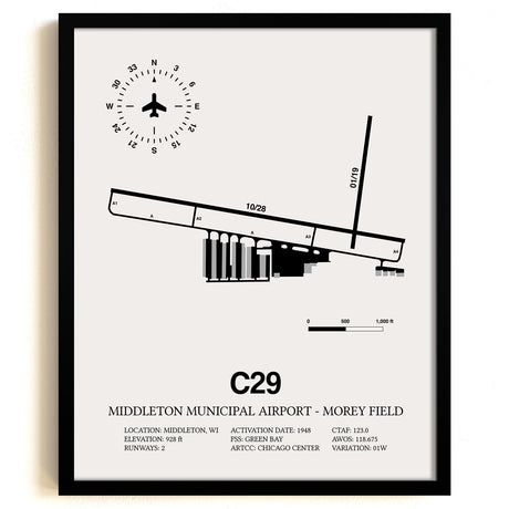 Framed Detailed Airport Map of Middleton Municipal Airport - Morey Field (C29) in White with a Black Frame