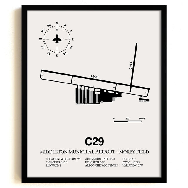Framed Detailed Airport Map of Middleton Municipal Airport - Morey Field (C29) in White with a Black Frame
