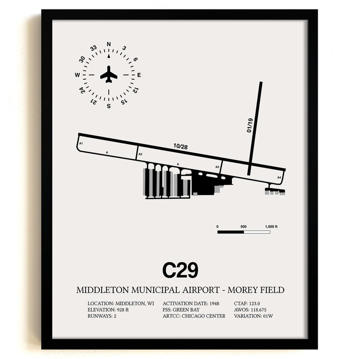 Framed Detailed Airport Map of Middleton Municipal Airport - Morey Field (C29) in White with a Black Frame