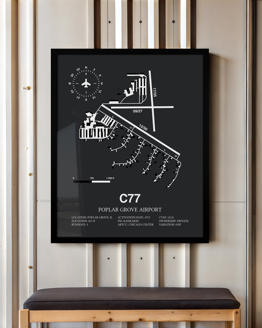 Framed Detailed Airport Map of Poplar Grove Airport (C77) in Gray with a Black Frame