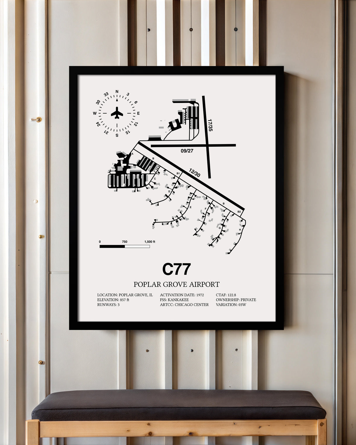 Framed Detailed Airport Map of Poplar Grove Airport (C77) in White with a Black Frame