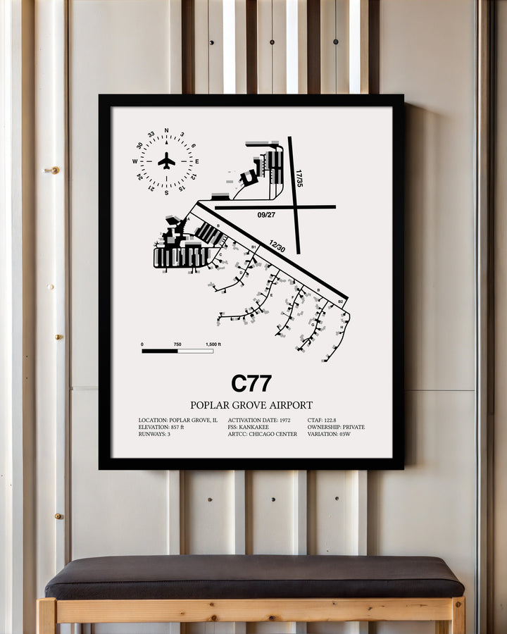 Framed Detailed Airport Map of Poplar Grove Airport (C77) in White with a Black Frame