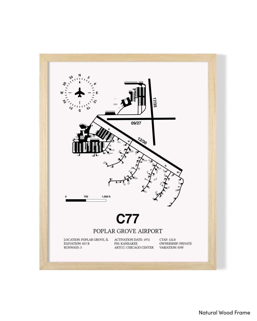 Detailed Airport Map of Poplar Grove Airport (C77) in White with a Natural Frame