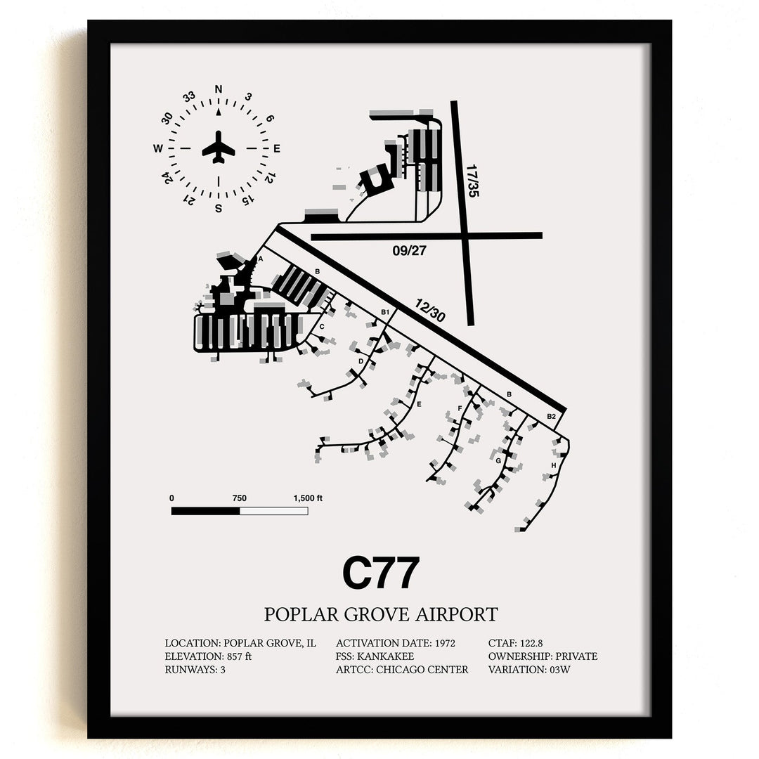 Framed Detailed Airport Map of Poplar Grove Airport (C77) in White with a Black Frame
