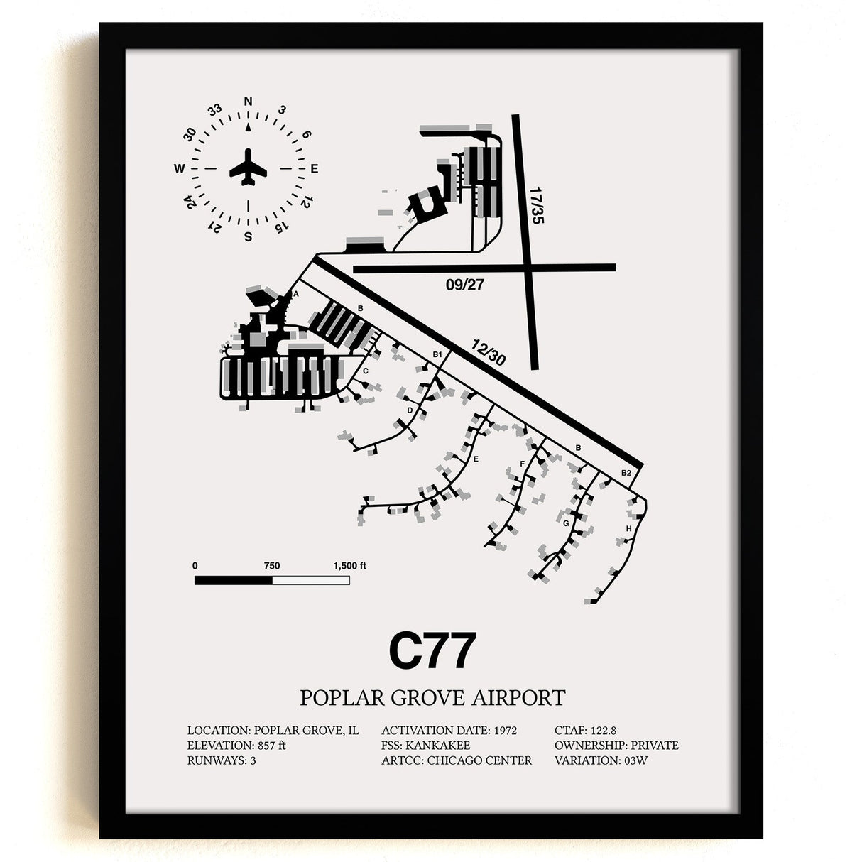 Framed Detailed Airport Map of Poplar Grove Airport (C77) in White with a Black Frame