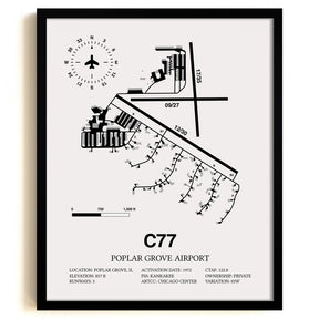 Framed Detailed Airport Map of Poplar Grove Airport (C77) in White with a Black Frame
