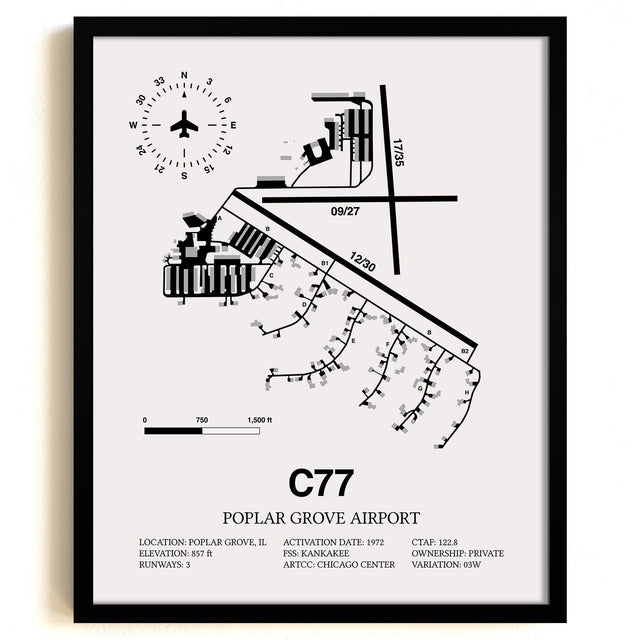 Framed Detailed Airport Map of Poplar Grove Airport (C77) in White with a Black Frame