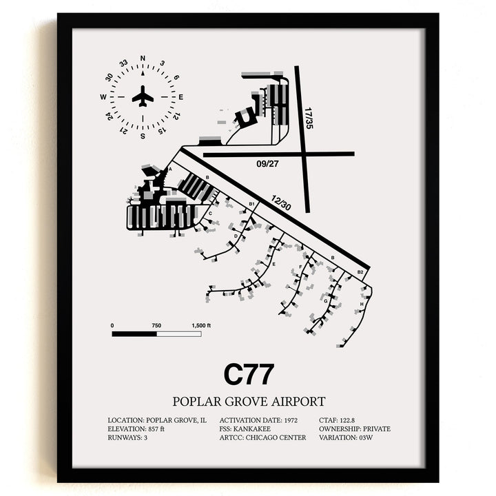 Framed Detailed Airport Map of Poplar Grove Airport (C77) in White with a Black Frame