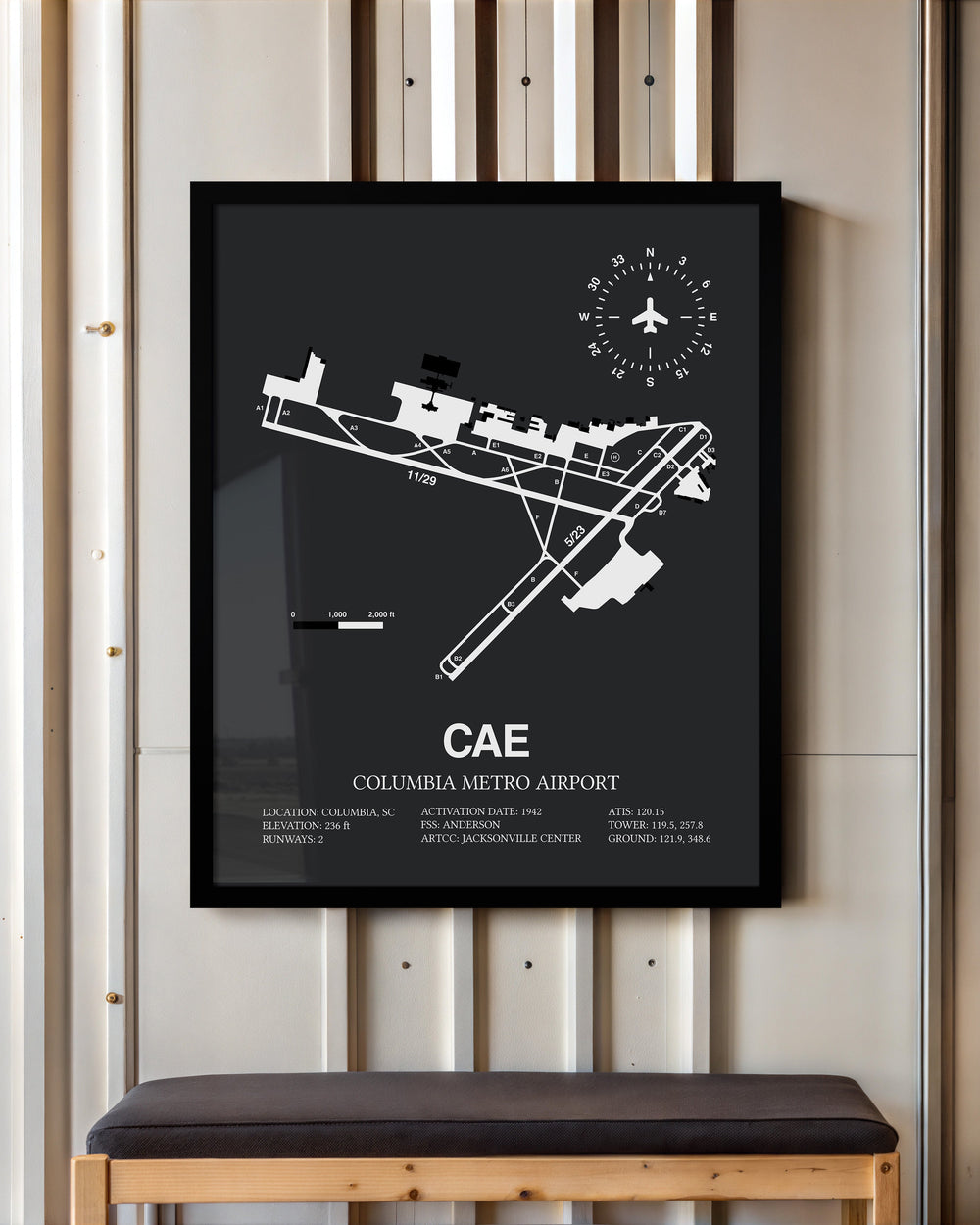 Framed Detailed Airport Map of Columbia Metro Airport (CAE) in Gray with a Black Frame