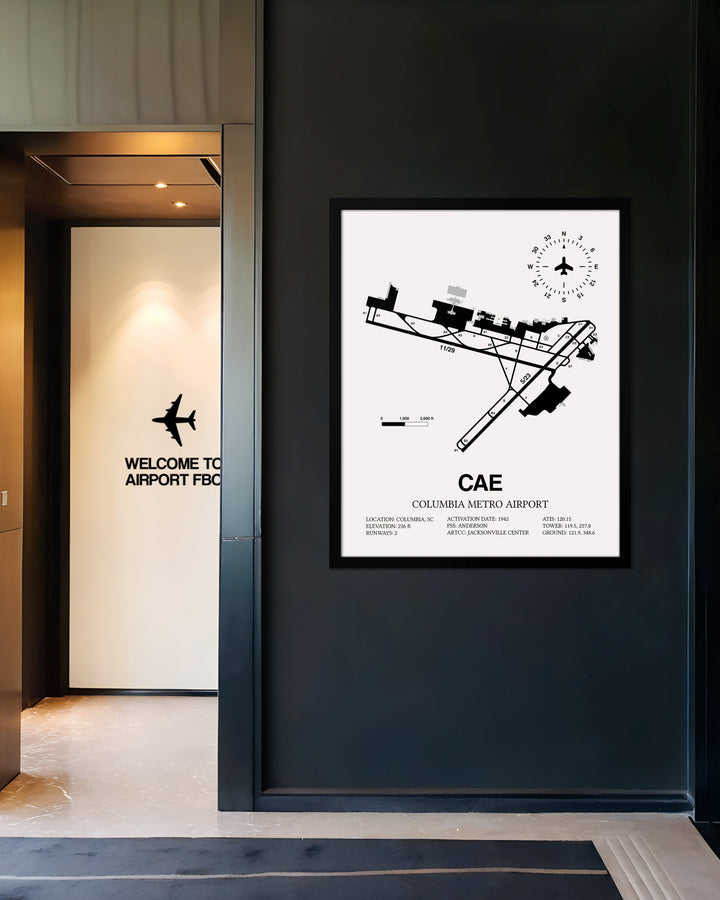 Framed Detailed Airport Map of Columbia Metro Airport (CAE) in White with a Black Frame