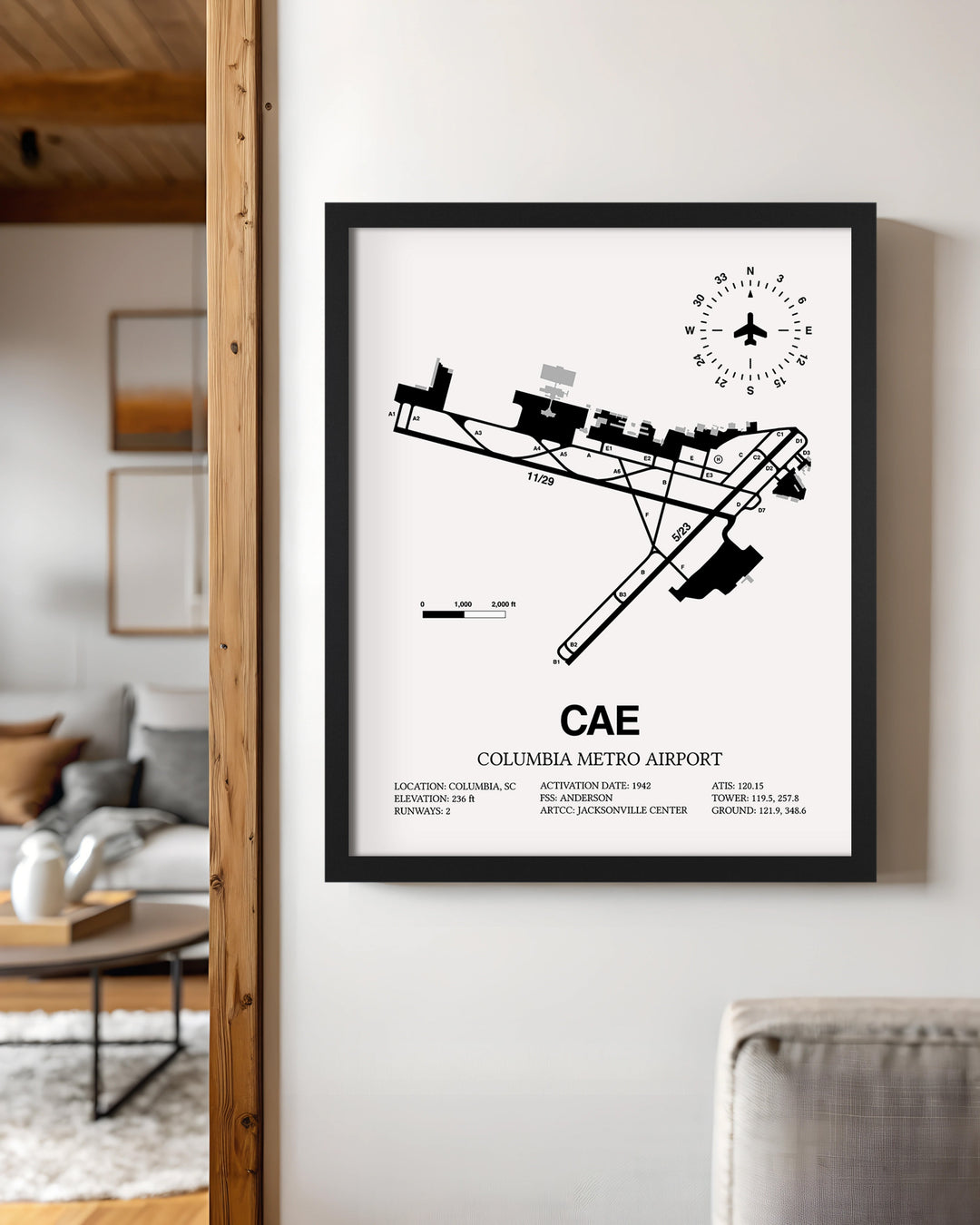 Framed Detailed Airport Map of Columbia Metro Airport (CAE) in White with a Black Frame