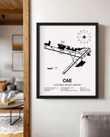 Framed Detailed Airport Map of Columbia Metro Airport (CAE) in White with a Black Frame