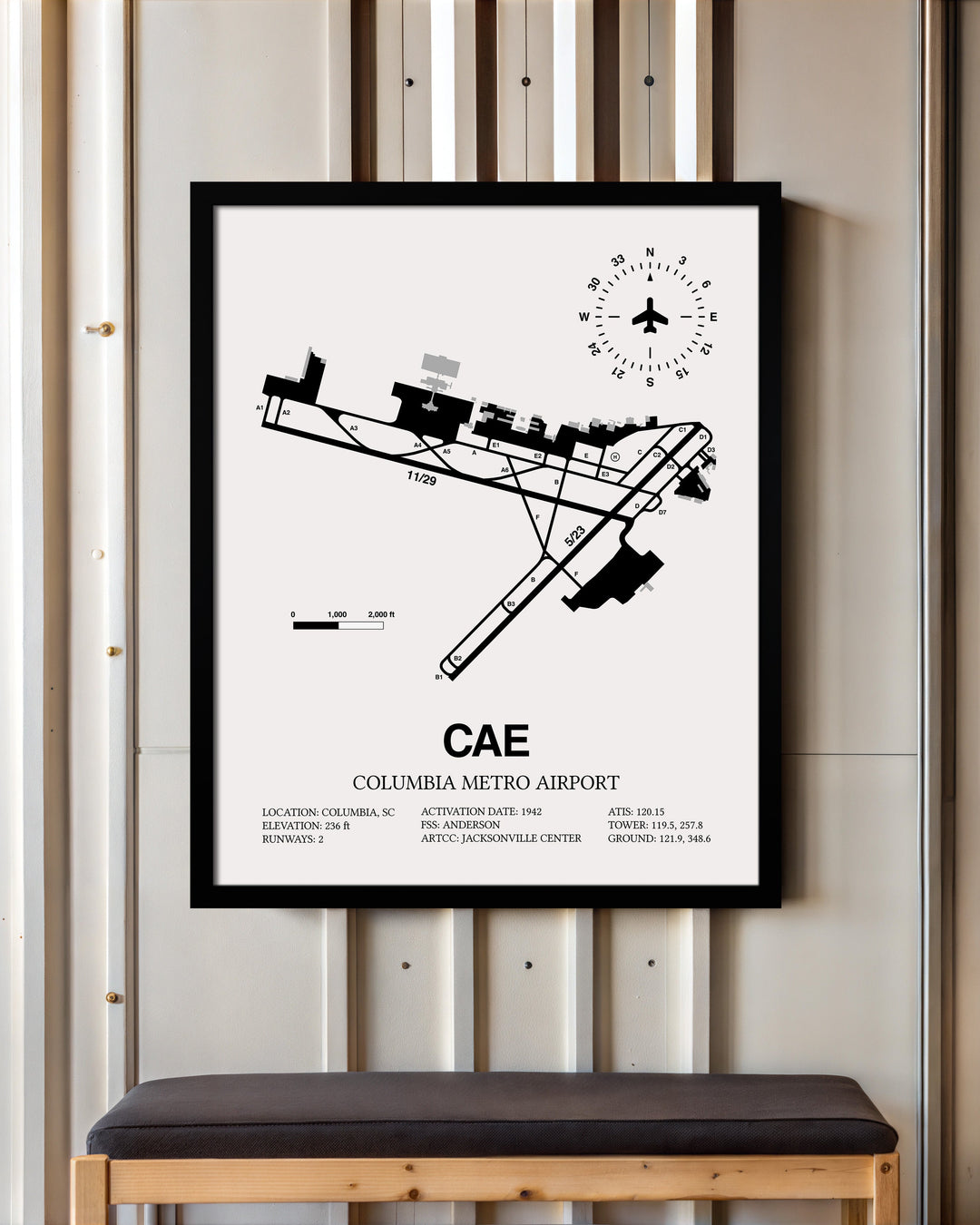 Framed Detailed Airport Map of Columbia Metro Airport (CAE) in White with a Black Frame