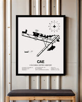 Framed Detailed Airport Map of Columbia Metro Airport (CAE) in White with a Black Frame