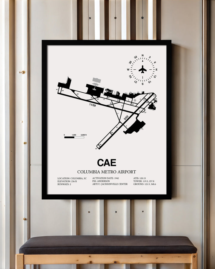 Framed Detailed Airport Map of Columbia Metro Airport (CAE) in White with a Black Frame