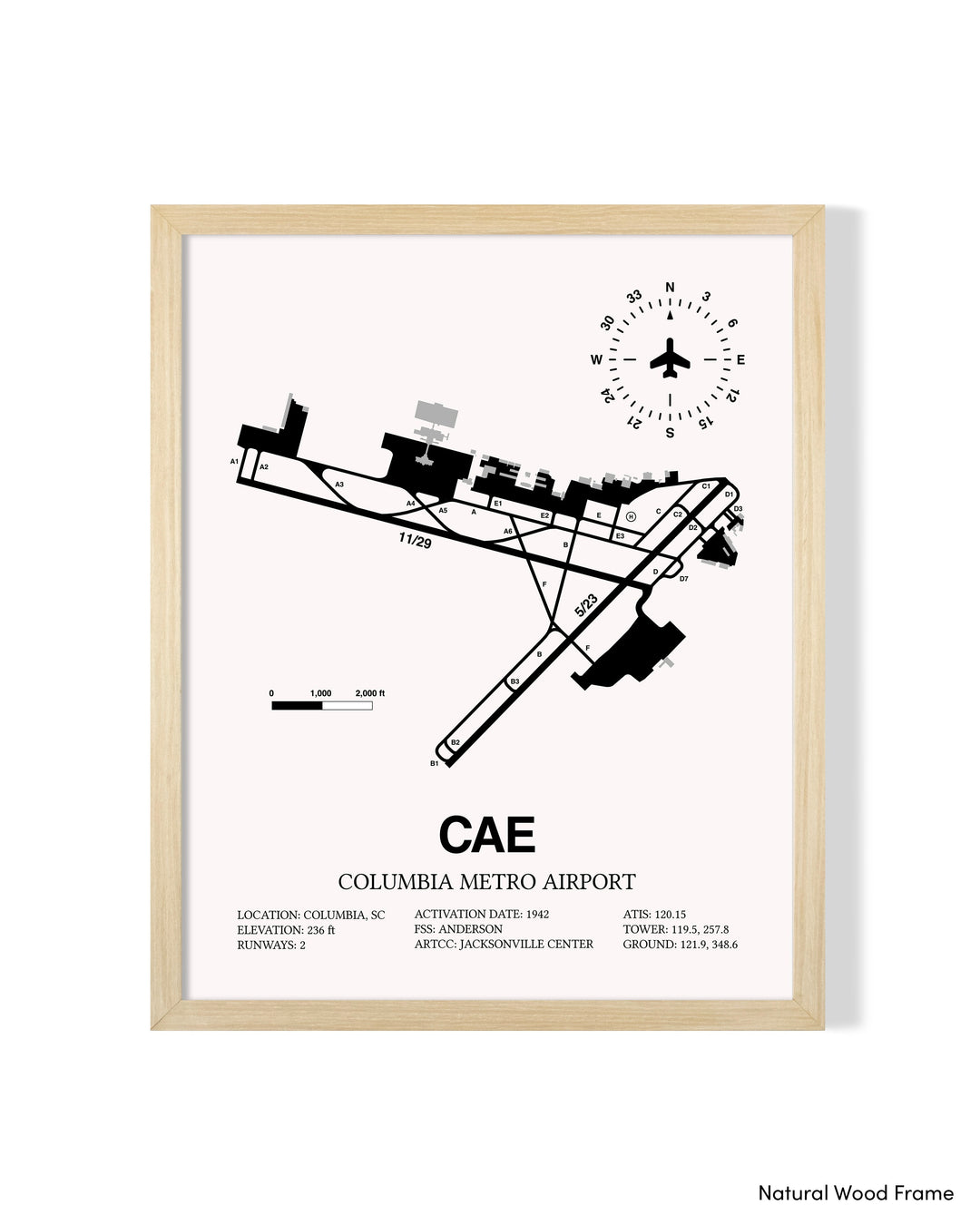 Detailed Airport Map of Columbia Metro Airport (CAE) in White with a Natural Frame