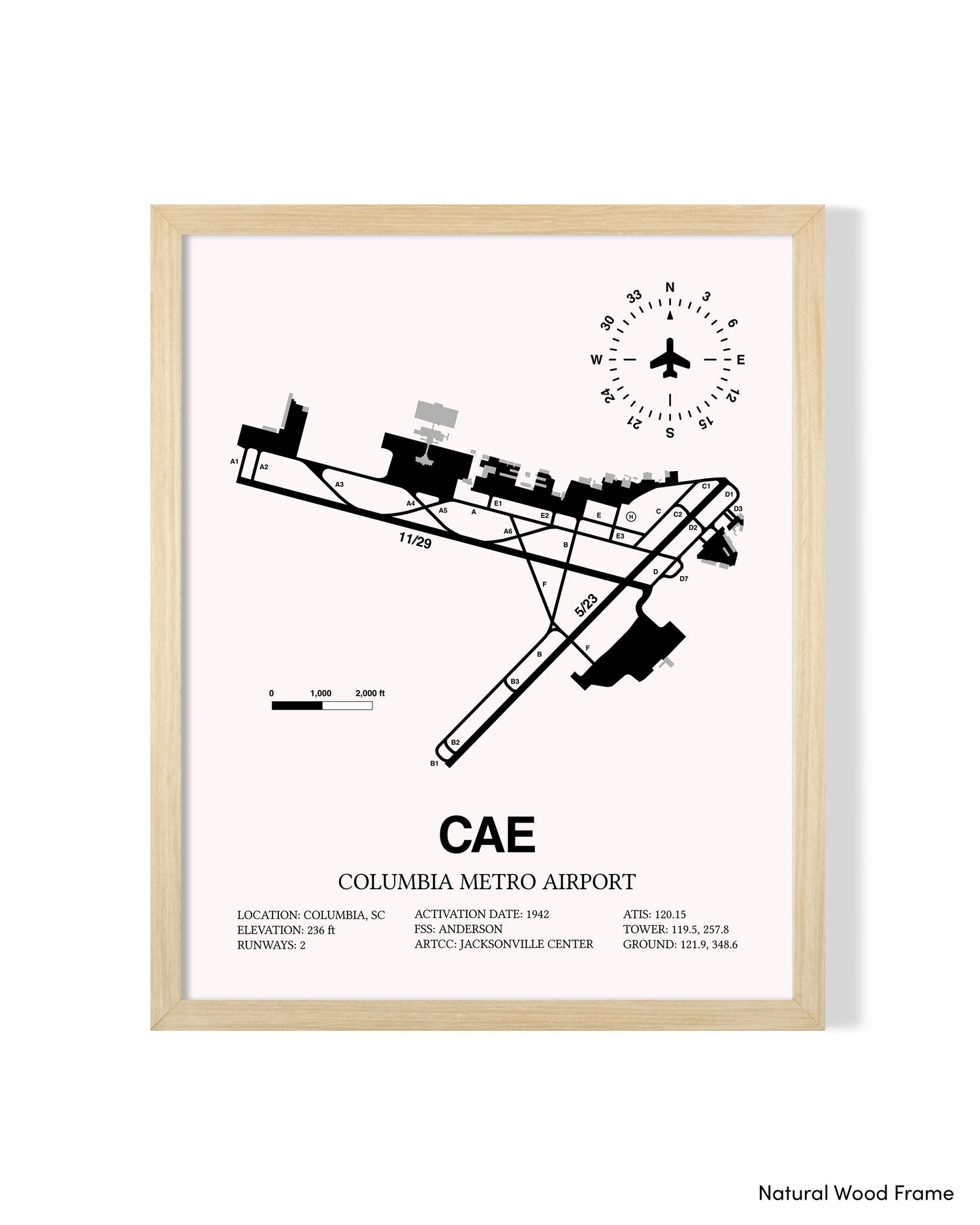 Detailed Airport Map of Columbia Metro Airport (CAE) in White with a Natural Frame