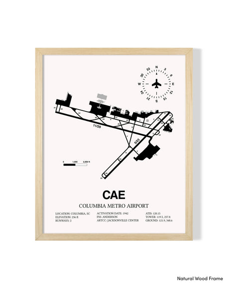 Detailed Airport Map of Columbia Metro Airport (CAE) in White with a Natural Frame