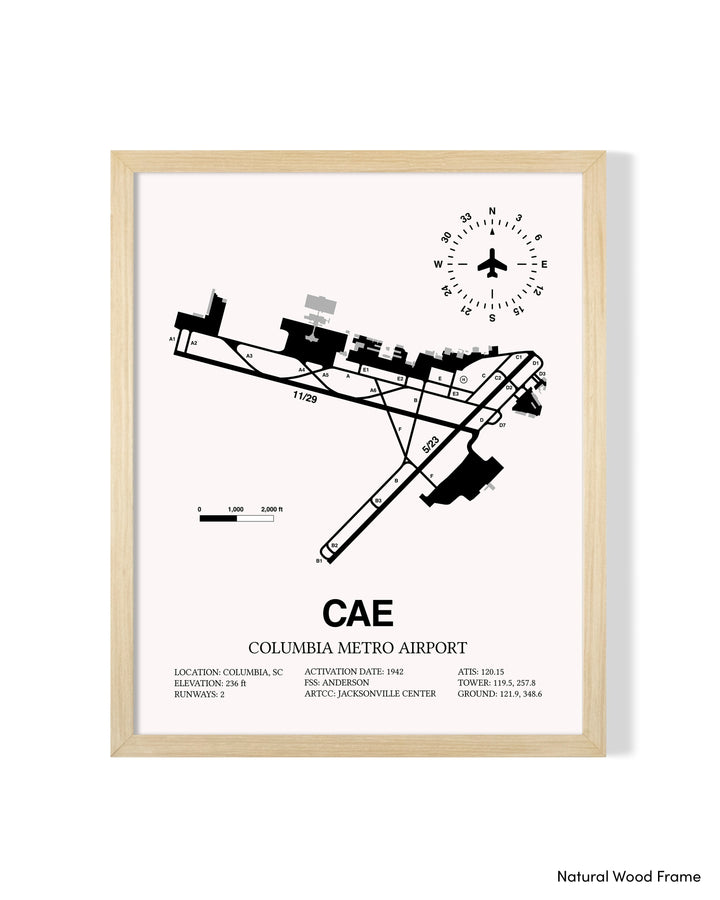 Detailed Airport Map of Columbia Metro Airport (CAE) in White with a Natural Frame