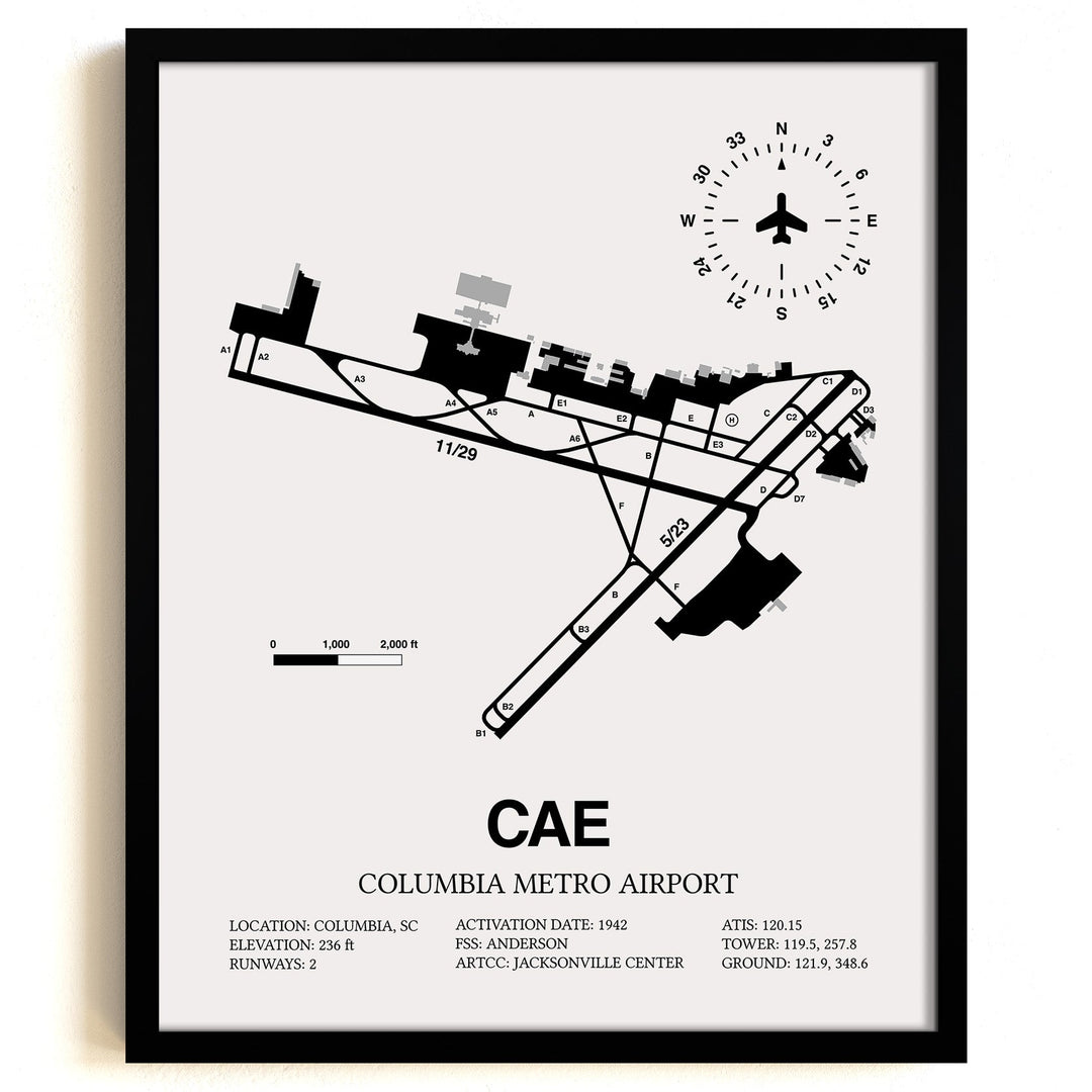Framed Detailed Airport Map of Columbia Metro Airport (CAE) in White with a Black Frame
