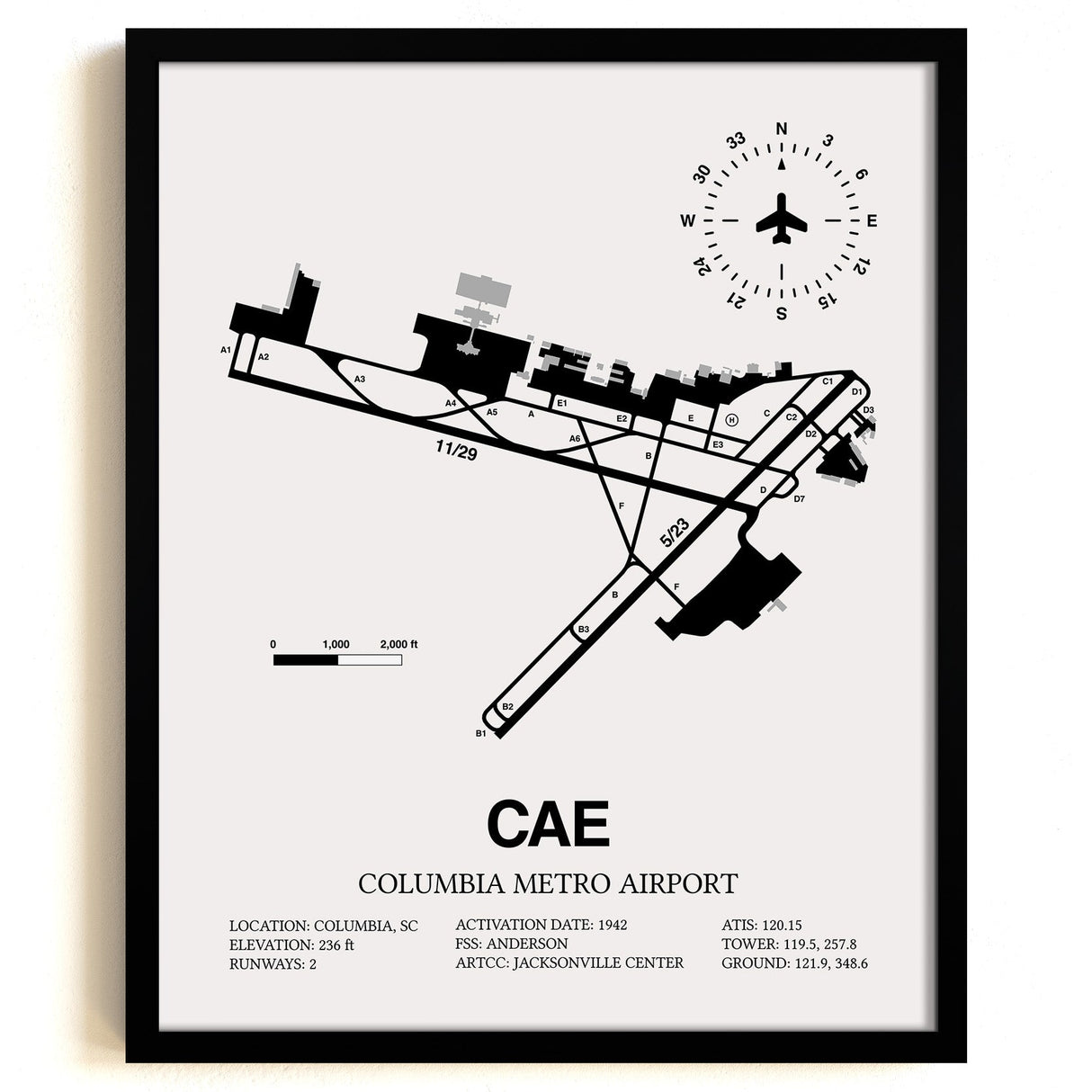 Framed Detailed Airport Map of Columbia Metro Airport (CAE) in White with a Black Frame