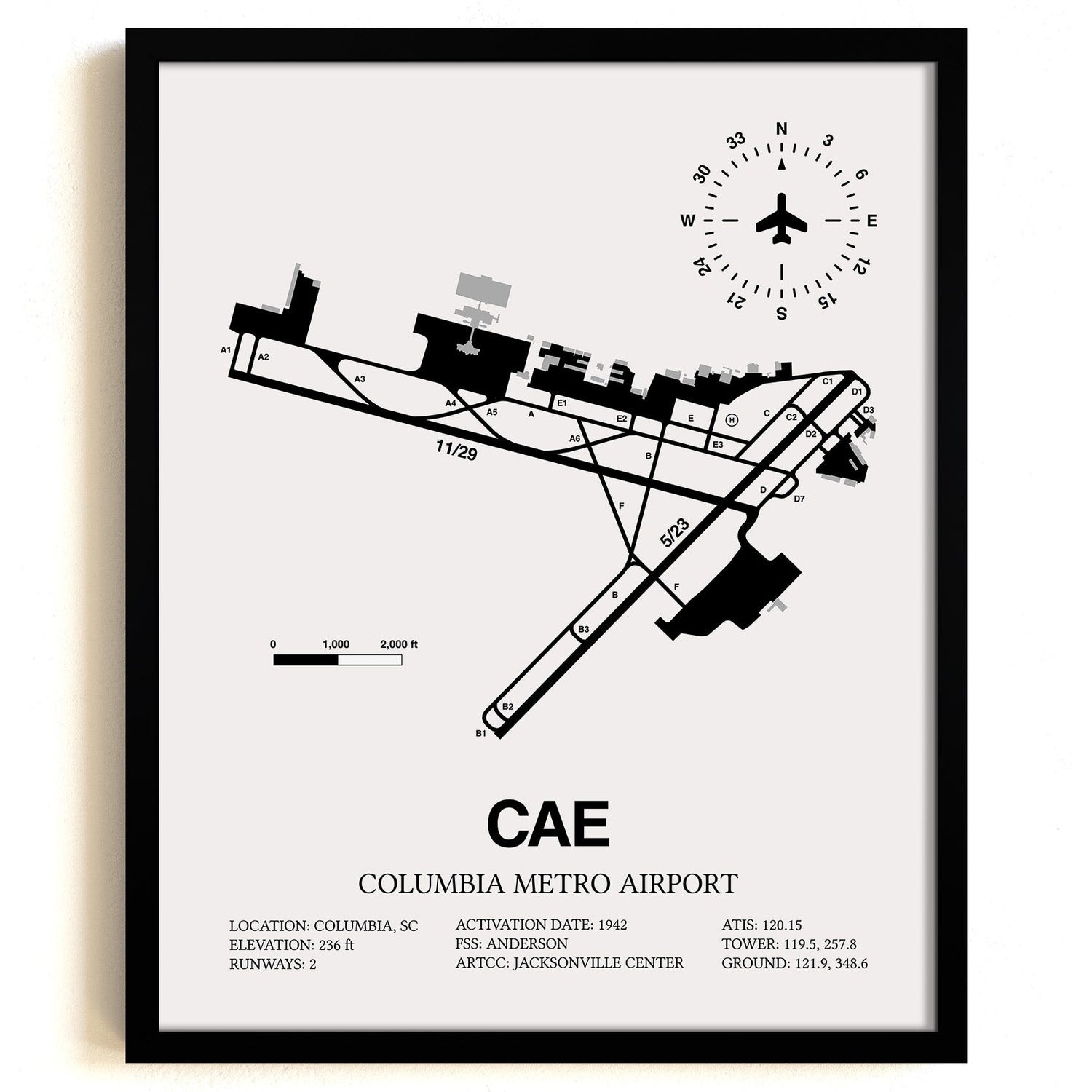Framed Detailed Airport Map of Columbia Metro Airport (CAE) in White with a Black Frame