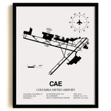 Framed Detailed Airport Map of Columbia Metro Airport (CAE) in White with a Black Frame