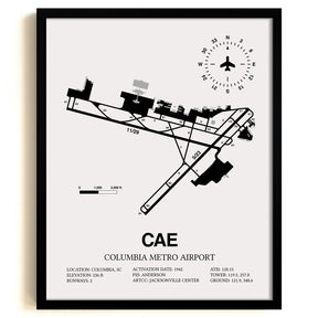 Framed Detailed Airport Map of Columbia Metro Airport (CAE) in White with a Black Frame
