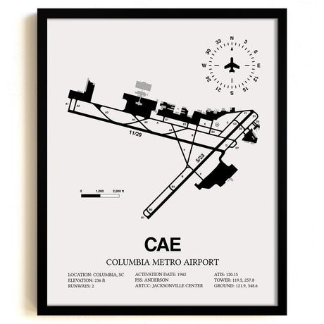Framed Detailed Airport Map of Columbia Metro Airport (CAE) in White with a Black Frame