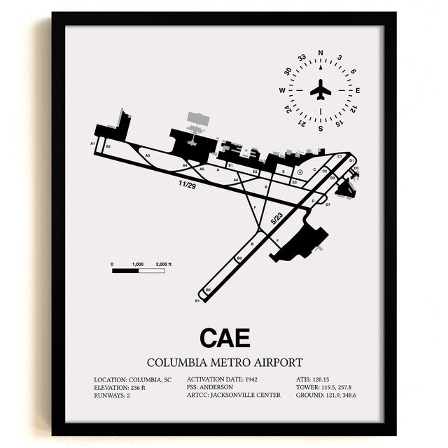 Framed Detailed Airport Map of Columbia Metro Airport (CAE) in White with a Black Frame