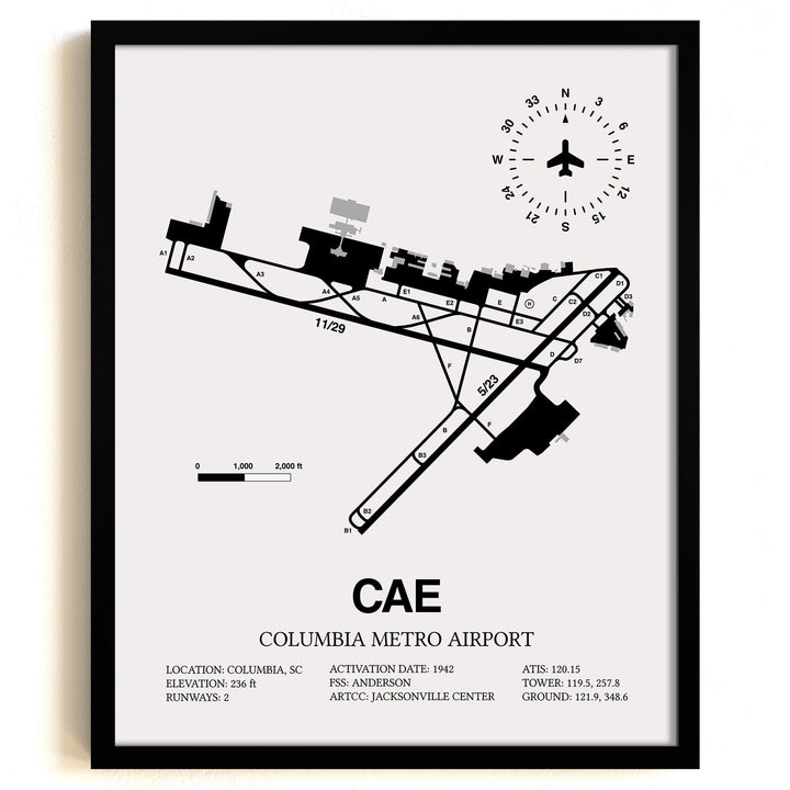 Framed Detailed Airport Map of Columbia Metro Airport (CAE) in White with a Black Frame