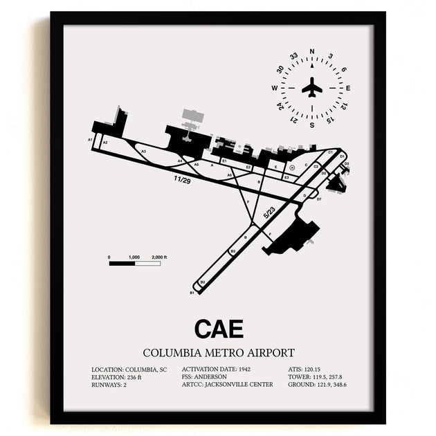 Columbia Metro Airport (CAE) Framed Detailed Airport Map – SkyBirdSupply