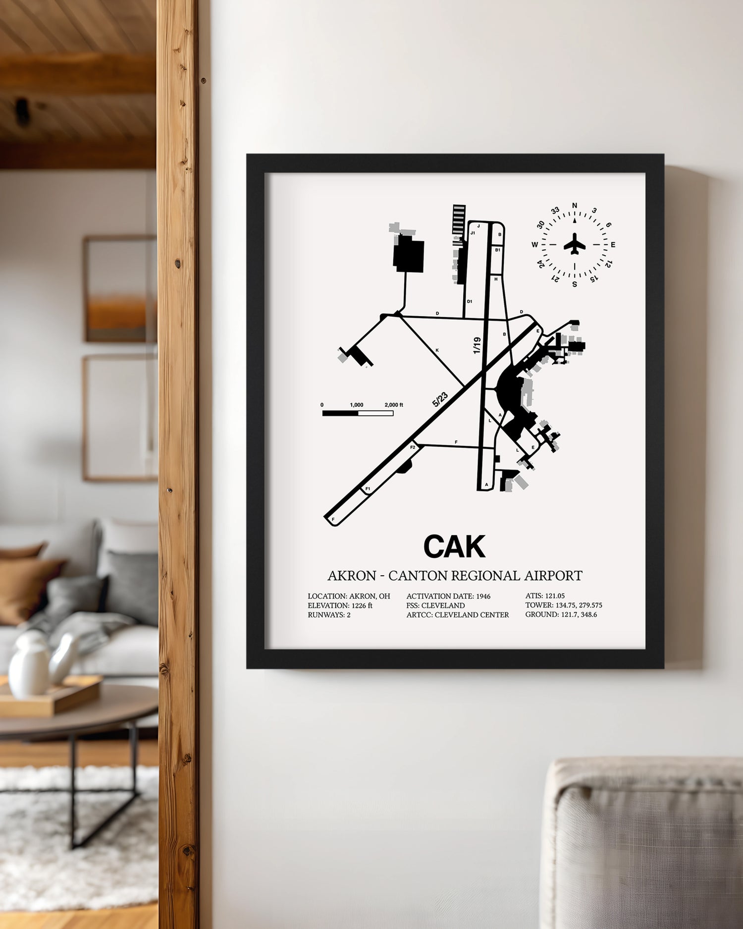 Framed Detailed Airport Map of Akron - Canton Regional Airport (CAK) in White with a Black Frame