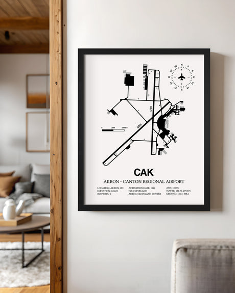 Framed Detailed Airport Map of Akron - Canton Regional Airport (CAK) in White with a Black Frame