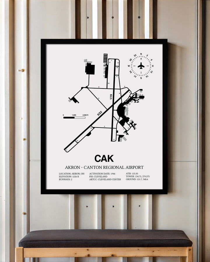 Framed Detailed Airport Map of Akron - Canton Regional Airport (CAK) in White with a Black Frame