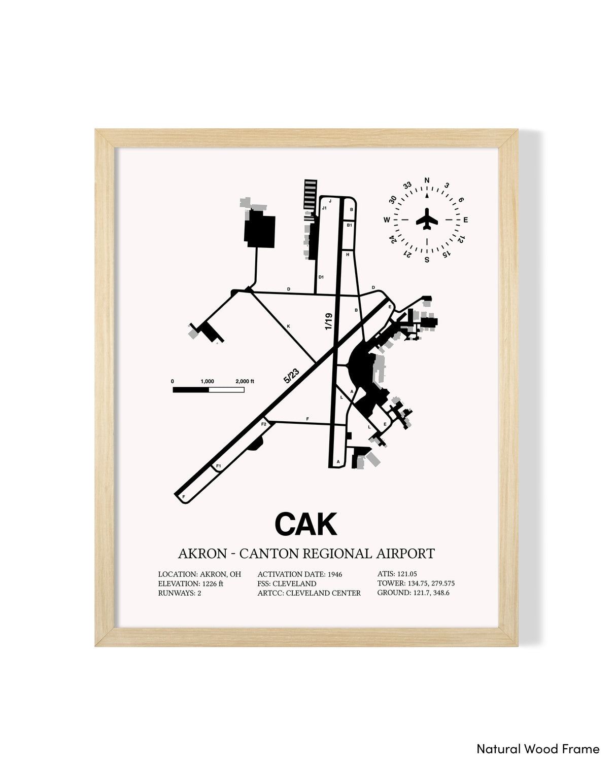 Detailed Airport Map of Akron - Canton Regional Airport (CAK) in White with a Natural Frame