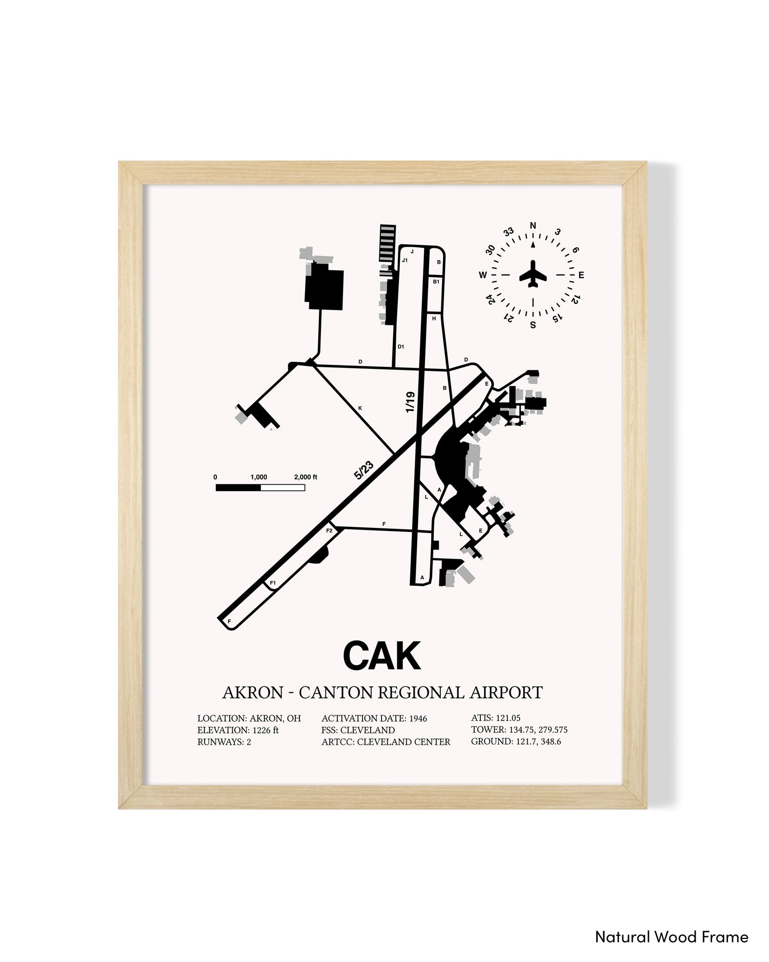 Detailed Airport Map of Akron - Canton Regional Airport (CAK) in White with a Natural Frame