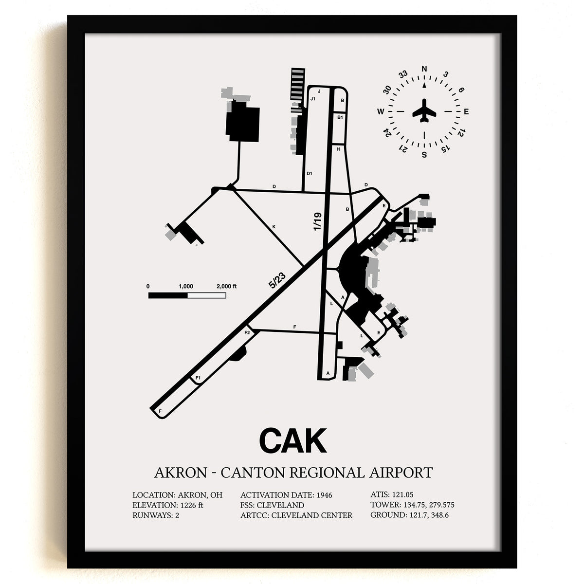 Framed Detailed Airport Map of Akron - Canton Regional Airport (CAK) in White with a Black Frame