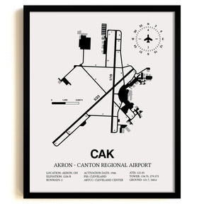 Framed Detailed Airport Map of Akron - Canton Regional Airport (CAK) in White with a Black Frame
