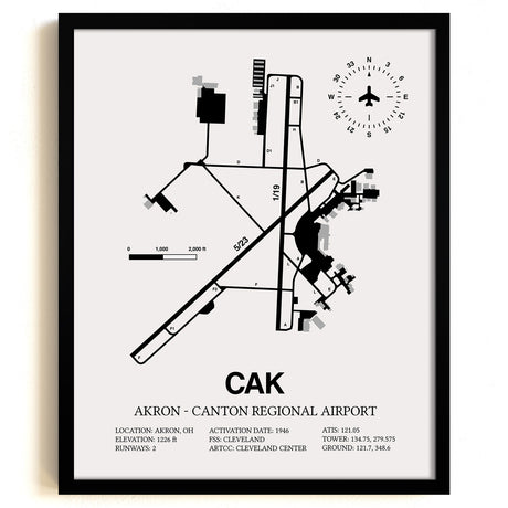 Framed Detailed Airport Map of Akron - Canton Regional Airport (CAK) in White with a Black Frame