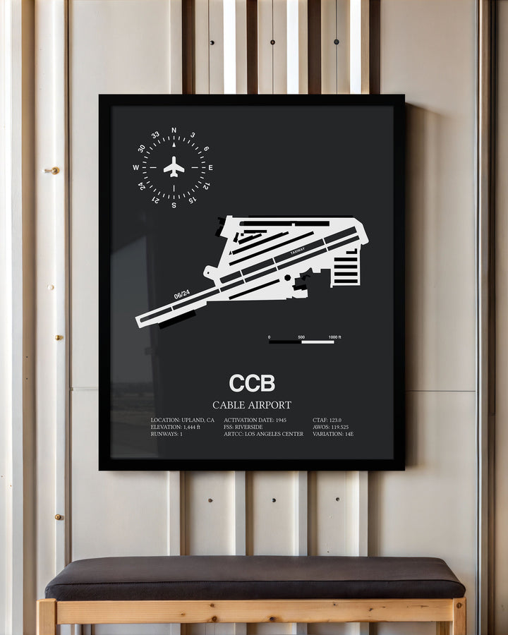 Framed Detailed Airport Map of Cable Airport (CCB) in Gray with a Black Frame