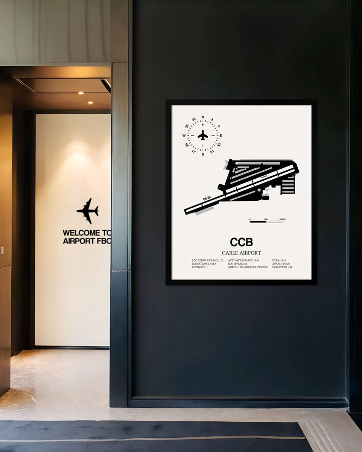 Framed Detailed Airport Map of Cable Airport (CCB) in White with a Black Frame