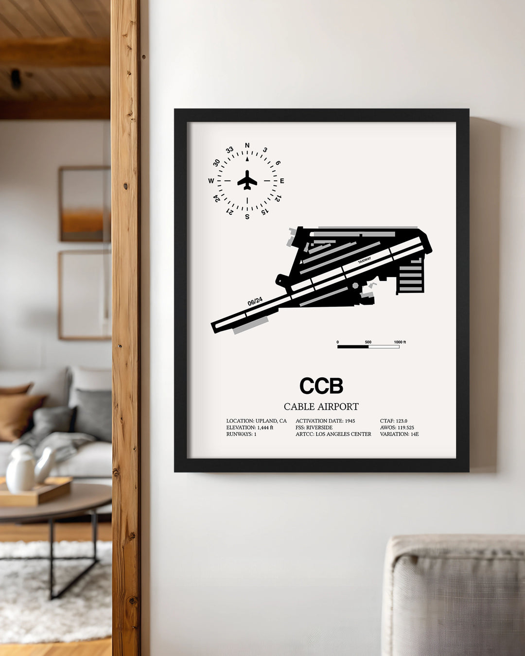 Framed Detailed Airport Map of Cable Airport (CCB) in White with a Black Frame