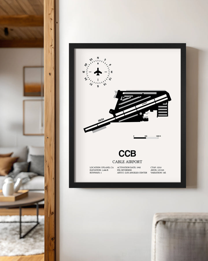 Framed Detailed Airport Map of Cable Airport (CCB) in White with a Black Frame