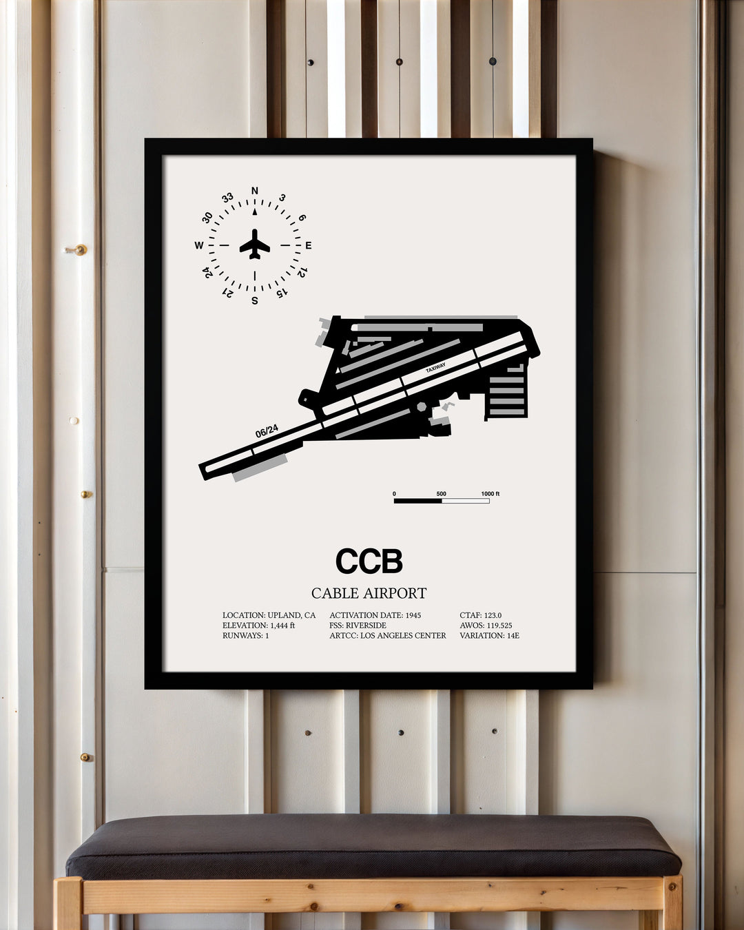 Framed Detailed Airport Map of Cable Airport (CCB) in White with a Black Frame