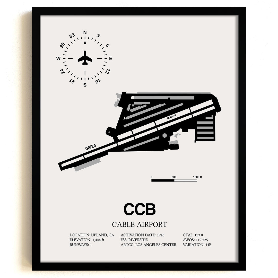 Framed Detailed Airport Map of Cable Airport (CCB) in White with a Black Frame
