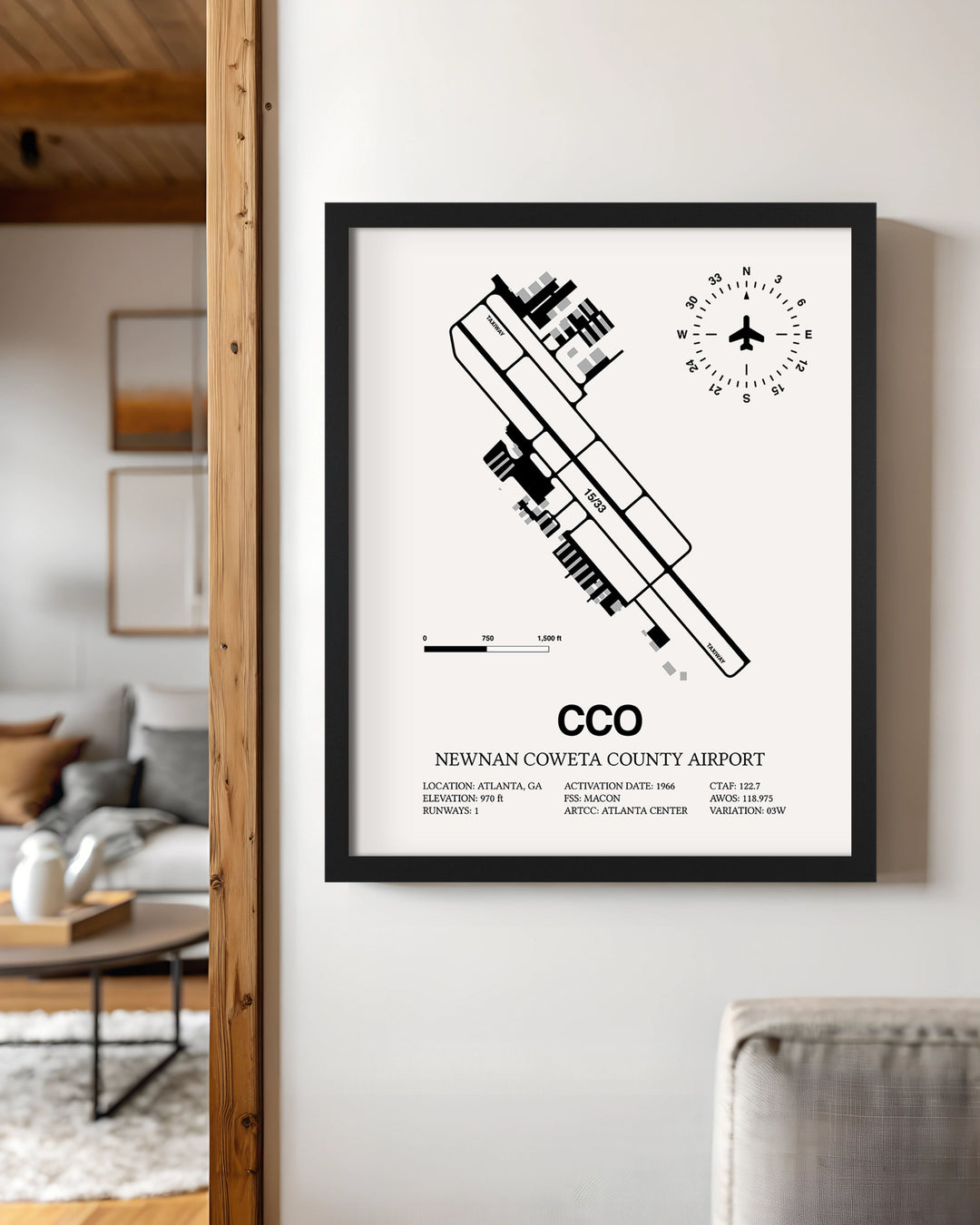 Framed Detailed Airport Map of Newnan Coweta County Airport (CCO) in White with a Black Frame
